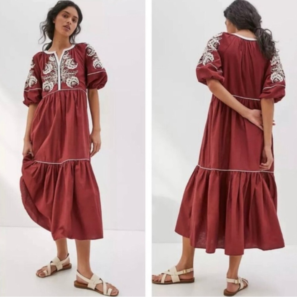 Anthropologie Red Maxi Dress with White Embroidery
